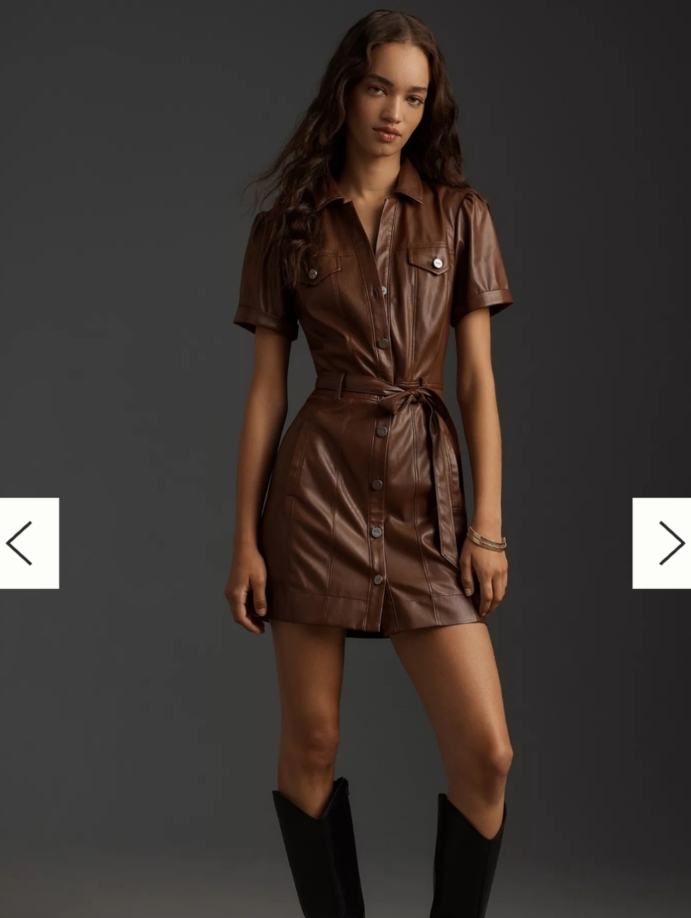 PAIGE Womens Brown Amina Faux Leather Button Front Mini Shirt Dress Sz L - Picture 2 of 11